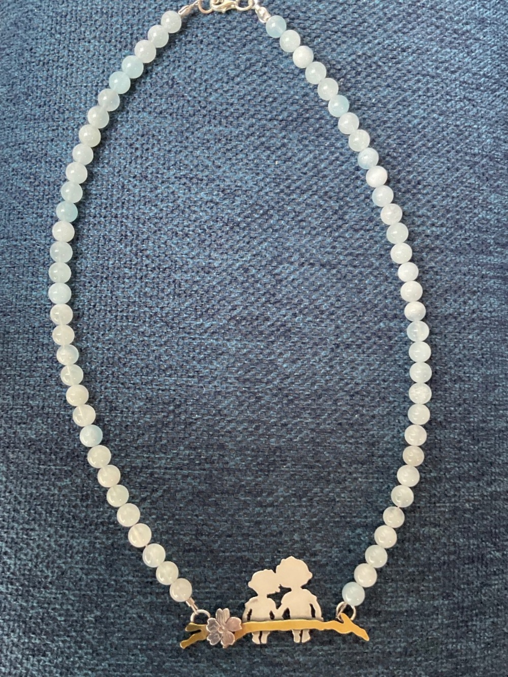 Handmade artisan necklace, aquamarine, silver, brass
